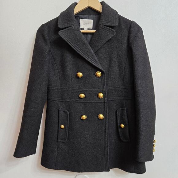 ANN TAYLOR LOFT Petites Womens 2P Black Pea Coat Gold Buttons Wool Blend Classic - Picture 1 of 9